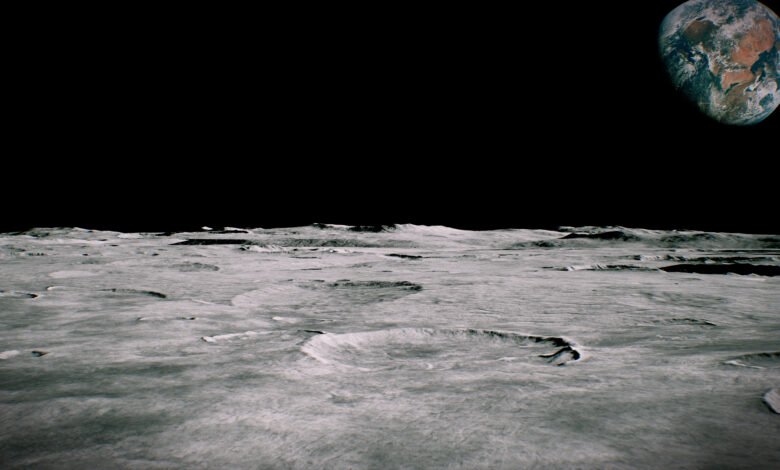 Surface of the Moon landscape. Flying over the Moon surface. Close up view. 3D Rendering