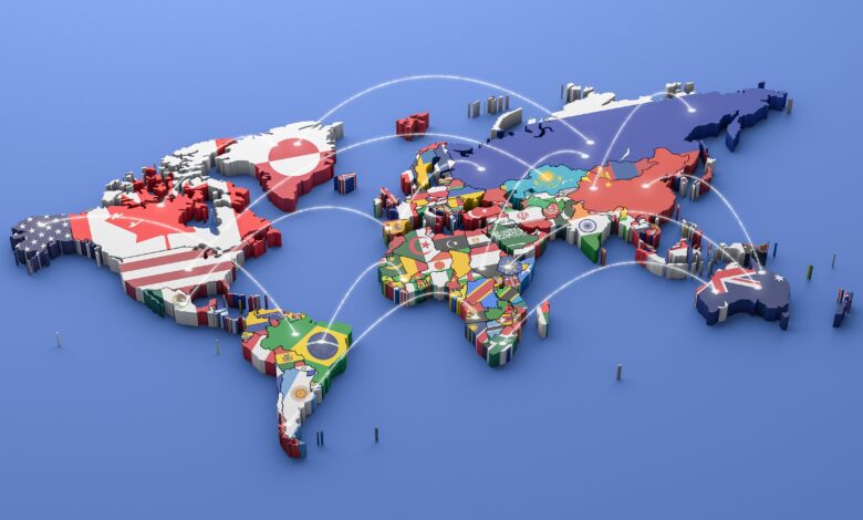 World map with all states and their flags,3d render