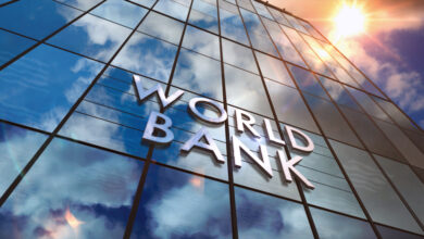 World Bank glass skyscraper with mirrored sky loop 3d illustrati