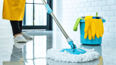 Wife housekeeping and cleaning concept, Happy young woman in blu