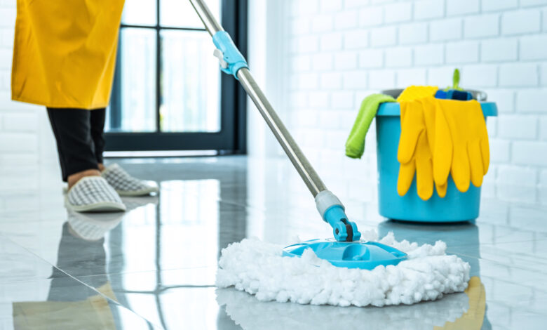 Wife housekeeping and cleaning concept, Happy young woman in blu