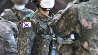 Korean Army Soldier wearing a Mask for Coronavirus.