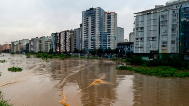 Floods. Flood. Streets, promenades and beach flooded. Rains and storms that flooded the town. Typhoon Lan. Flooding. Storm. Mediterranean. Greece. Thessaly. Agios. Volos. Krafsidonas. Skiathos. 2023