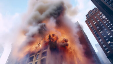 Skyscraper on fire bringing a blazing inferno to the architecture structure of the modern tower block building