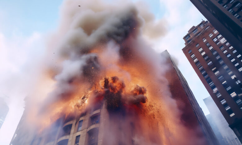 Skyscraper on fire bringing a blazing inferno to the architecture structure of the modern tower block building