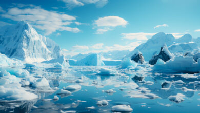 Ice Icebergs And Snow Covered Rocks Against The Sea Created