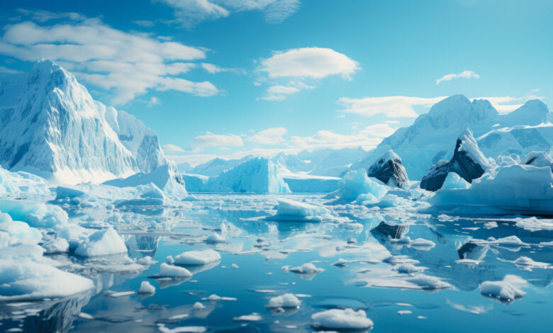 Ice Icebergs And Snow Covered Rocks Against The Sea Created