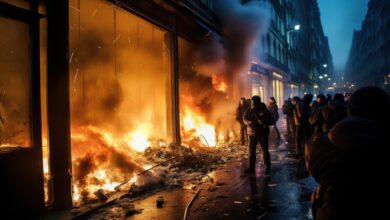 a documentary photo of revolutionary riots and protests. burning building and cars in the city. special force police with equipment catching protesters in the night. Generative AI