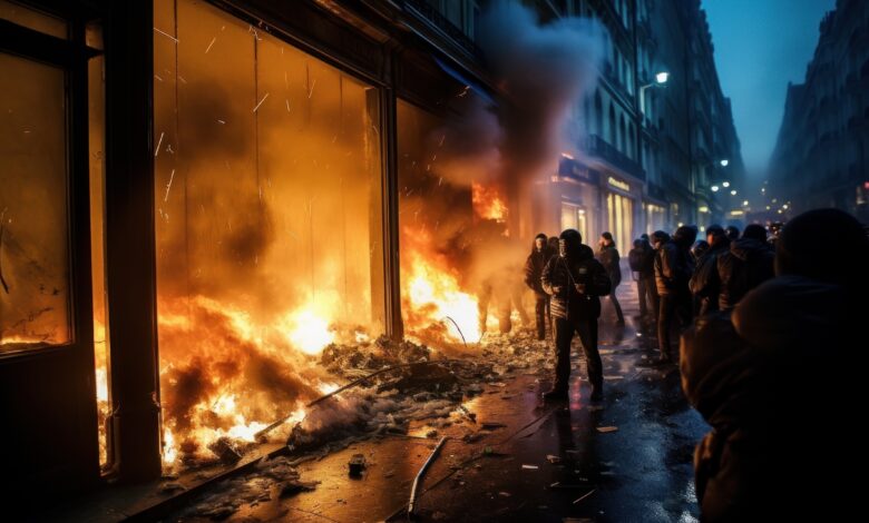 a documentary photo of revolutionary riots and protests. burning building and cars in the city. special force police with equipment catching protesters in the night. Generative AI